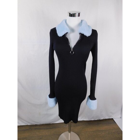 Forever 21 Dress Womens Medium Black Sky Blue Ribbed Bodycon Faux Fur Collar Zip - Picture 1 of 12